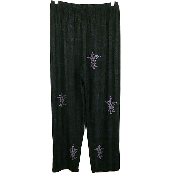 JGs Mad Lab Pants Womens Sz L Dark Purple Art To Wear Fleur De Lis Wide Leg - Picture 1 of 10